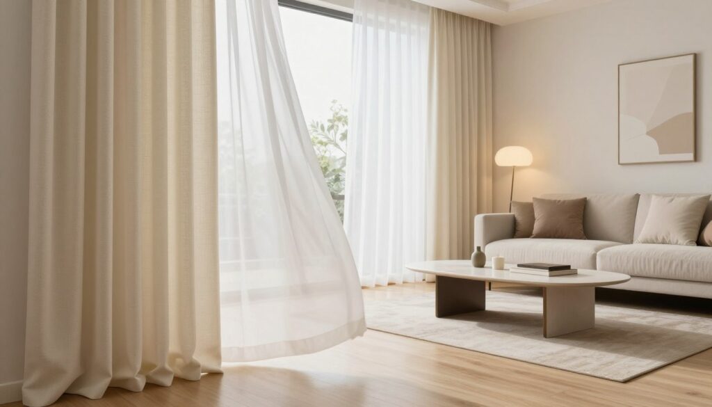 A stylish living room featuring elegant curtains and sheer drapes that harmoniously blend together. In the foreground, beautifully textured curtains in a soft cream shade elegantly frame a large window, while delicate white sheer panels float gracefully, allowing soft light to filter through. The middle ground showcases a modern, minimalist sofa with plush cushions in muted tones, accentuated by a chic coffee table adorned with a few decorative elements. In the background, a gentle, warm glow fills the room, enhancing the inviting atmosphere, with light hardwood flooring and tasteful wall art that adds character. The scene is captured from a slightly elevated angle, creating an immersive, airy feel, perfect for illustrating the art of combining curtains and drapes in a sophisticated living space. A stylish living room featuring elegant curtains and sheer drapes that harmoniously blend together. In the foreground, beautifully textured curtains in a soft cream shade elegantly frame a large window, while delicate white sheer panels float gracefully, allowing soft light to filter through. The middle ground showcases a modern, minimalist sofa with plush cushions in muted tones, accentuated by a chic coffee table adorned with a few decorative elements. In the background, a gentle, warm glow fills the room, enhancing the inviting atmosphere, with light hardwood flooring and tasteful wall art that adds character. The scene is captured from a slightly elevated angle, creating an immersive, airy feel, perfect for illustrating the art of combining curtains and drapes in a sophisticated living space.