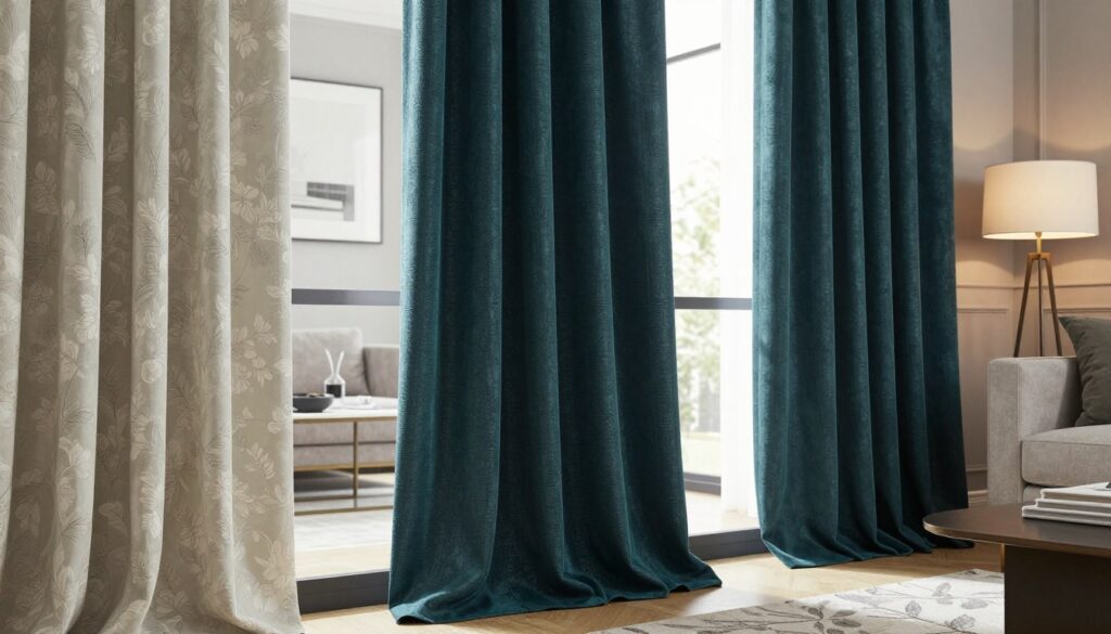A stylish living room featuring two types of curtain lengths: short and long. In the foreground, a set of elegantly draped short curtains in a light, airy fabric, showcasing a subtle floral pattern. In the middle, a pair of luxurious long curtains cascading dramatically to the floor, made of a rich, textured material with deep jewel tones. The background reveals a tastefully decorated interior with modern furniture, a cozy sofa, and tasteful decor elements like a floor lamp and a coffee table. Soft, natural light filters through a window, creating a warm and inviting atmosphere. The lens captures the scene from a slightly elevated angle, enhancing the depth and elegance of the window treatments. A stylish living room featuring two types of curtain lengths: short and long. In the foreground, a set of elegantly draped short curtains in a light, airy fabric, showcasing a subtle floral pattern. In the middle, a pair of luxurious long curtains cascading dramatically to the floor, made of a rich, textured material with deep jewel tones. The background reveals a tastefully decorated interior with modern furniture, a cozy sofa, and tasteful decor elements like a floor lamp and a coffee table. Soft, natural light filters through a window, creating a warm and inviting atmosphere. The lens captures the scene from a slightly elevated angle, enhancing the depth and elegance of the window treatments.