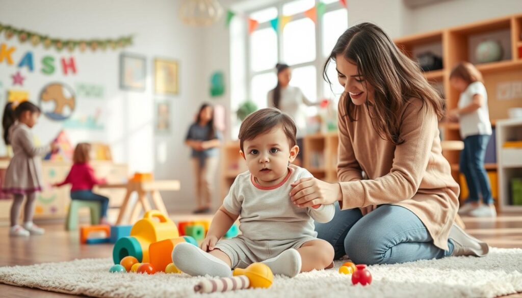 A warm and comforting scene depicting a parent kneeling beside a small child at a colorful preschool environment. The child, a toddler with a worried expression, is sitting on a soft rug filled with toys, while the parent gently holds their hand, offering reassurance. Nearby, friendly teachers engage with other children, fostering a sense of community. Soft, natural lighting filters in through large windows, creating a welcoming atmosphere. The background features cheerful artwork on the walls, with colorful decorations enhancing the playful mood. The focus is on the intimate bond between the parent and child, capturing a moment of support during a time of uncertainty. The lens is slightly tilted for a dynamic composition, accentuating the emotional connection in this heartfelt scenario. A warm and comforting scene depicting a parent kneeling beside a small child at a colorful preschool environment. The child, a toddler with a worried expression, is sitting on a soft rug filled with toys, while the parent gently holds their hand, offering reassurance. Nearby, friendly teachers engage with other children, fostering a sense of community. Soft, natural lighting filters in through large windows, creating a welcoming atmosphere. The background features cheerful artwork on the walls, with colorful decorations enhancing the playful mood. The focus is on the intimate bond between the parent and child, capturing a moment of support during a time of uncertainty. The lens is slightly tilted for a dynamic composition, accentuating the emotional connection in this heartfelt scenario.