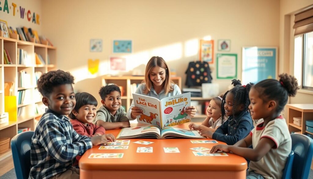 A warm and inviting classroom setting designed to support reading activities. In the foreground, a diverse group of cheerful children, boys and girls, aged around 5-7, sit at a colorful table, engaged in fun reading games with flashcards and illustrated storybooks. They are dressed in modest, casual clothing. In the middle, an enthusiastic teacher, also in casual attire, is guiding the children, showing them a large storybook with vibrant illustrations. The background features shelves filled with children’s books, bright educational posters, and soft natural light streaming through large windows, creating a cozy atmosphere. The overall mood is joyful and collaborative, emphasizing the importance of play in learning to read. A warm and inviting classroom setting designed to support reading activities. In the foreground, a diverse group of cheerful children, boys and girls, aged around 5-7, sit at a colorful table, engaged in fun reading games with flashcards and illustrated storybooks. They are dressed in modest, casual clothing. In the middle, an enthusiastic teacher, also in casual attire, is guiding the children, showing them a large storybook with vibrant illustrations. The background features shelves filled with children’s books, bright educational posters, and soft natural light streaming through large windows, creating a cozy atmosphere. The overall mood is joyful and collaborative, emphasizing the importance of play in learning to read.