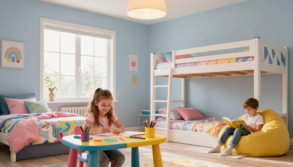 A well-decorated children's room designed for siblings of different ages and genders. In the foreground, a cheerful young girl, around 8 years old, is sitting at a colorful craft table, surrounded by art supplies. Next to her, a 12-year-old boy is engaged with a book on a cozy reading nook with a plush bean bag. In the middle, there are two distinct sleeping areas: a twin bed for the girl adorned with vibrant bedding featuring unicorns and a stylish loft bed for the boy with geometric patterns. Soft, warm lighting from a ceiling fixture creates a welcoming atmosphere, while large windows in the background let in natural light, illuminating cheerful wall decorations. The color palette is a harmonious blend of blues, pinks, and yellows, creating a balanced and inviting space for both children.