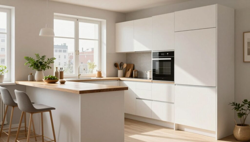 A well-designed, small kitchen filled with modern cabinetry and furniture, showcasing an efficient layout ideal for a compact urban space. The foreground features sleek, contemporary kitchen cabinets in soft white with brushed nickel handles, complemented by a minimalist wooden countertop and stylish bar stools. In the middle, a cozy dining nook with a small table adorned with fresh herbs and kitchen utensils lies adjacent to a compact, innovative appliance arrangement. The background reveals a bright window framing an urban view, allowing natural light to illuminate the space, with soft shadows creating a warm and inviting atmosphere. The scene captures a professional yet homely vibe, aimed to inspire practical kitchen organization ideas. A well-designed, small kitchen filled with modern cabinetry and furniture, showcasing an efficient layout ideal for a compact urban space. The foreground features sleek, contemporary kitchen cabinets in soft white with brushed nickel handles, complemented by a minimalist wooden countertop and stylish bar stools. In the middle, a cozy dining nook with a small table adorned with fresh herbs and kitchen utensils lies adjacent to a compact, innovative appliance arrangement. The background reveals a bright window framing an urban view, allowing natural light to illuminate the space, with soft shadows creating a warm and inviting atmosphere. The scene captures a professional yet homely vibe, aimed to inspire practical kitchen organization ideas.