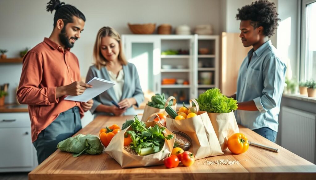 A well-organized grocery preparation scene in a bright, airy kitchen. In the foreground, a diverse group of three individuals, dressed in modest casual clothing, gathers around a wooden kitchen island. One person holds a notepad with a shopping list, while another is sorting through fresh fruits and vegetables. In the middle, a few open grocery bags are scattered on the counter, showcasing healthy food items like leafy greens, colorful peppers, and whole grains. The background reveals a well-stocked pantry and sunlight streaming through a window, creating a warm and inviting atmosphere. The lighting is soft and natural, casting gentle shadows that add depth. The mood is focused and productive, conveying the essence of planning for a cost-efficient shopping trip. A well-organized grocery preparation scene in a bright, airy kitchen. In the foreground, a diverse group of three individuals, dressed in modest casual clothing, gathers around a wooden kitchen island. One person holds a notepad with a shopping list, while another is sorting through fresh fruits and vegetables. In the middle, a few open grocery bags are scattered on the counter, showcasing healthy food items like leafy greens, colorful peppers, and whole grains. The background reveals a well-stocked pantry and sunlight streaming through a window, creating a warm and inviting atmosphere. The lighting is soft and natural, casting gentle shadows that add depth. The mood is focused and productive, conveying the essence of planning for a cost-efficient shopping trip.