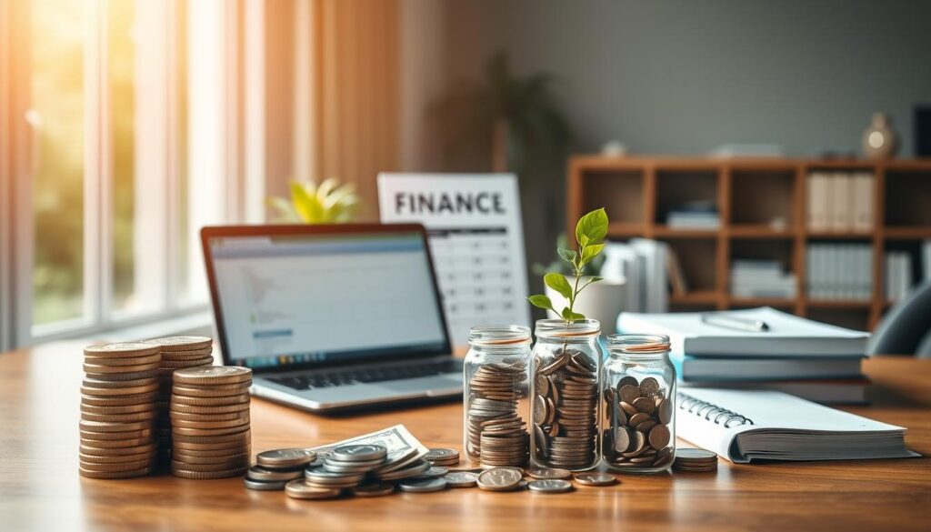 A well-organized workspace depicting a financial cushion storage concept: a stylish wooden desk in the foreground with a neatly stacked pile of cash, coins, and savings jars illustrating financial progress. In the middle, a laptop open to a financial planning spreadsheet, surrounded by inspirational finance books and a potted plant adding a touch of greenery. The background features a large window allowing soft, natural light to illuminate the scene, casting gentle shadows and creating a warm, inviting atmosphere. An optimistic vibe permeates the image, suggesting financial security and preparedness, with atmospheric bokeh effects to enhance depth. Overall, the composition exudes professionalism and a sense of calm, perfect for conveying the importance of thoughtful financial planning.