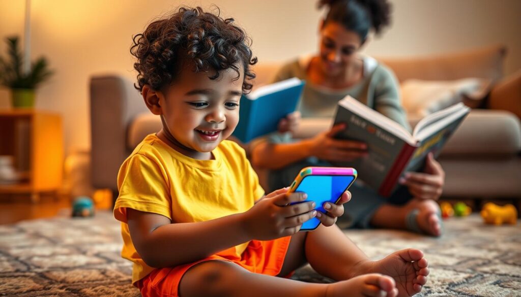 A young child, around 5 years old, sitting on a cozy living room rug, engaged with a colorful smartphone. The foreground shows the child, a cheerful expression, wearing a bright t-shirt and shorts, with small hands holding the phone. In the middle, a parent observes nearby, providing a supportive presence while holding a book, symbolizing balance between screen time and reading. The background features a warm, inviting home setting, with soft lighting that casts a gentle glow, highlighting a few toys scattered around. The mood is nurturing and educational, emphasizing the importance of mindful screen use for children. Capture this scene from a slight angle to include both the child and parent, creating a sense of interaction and care.