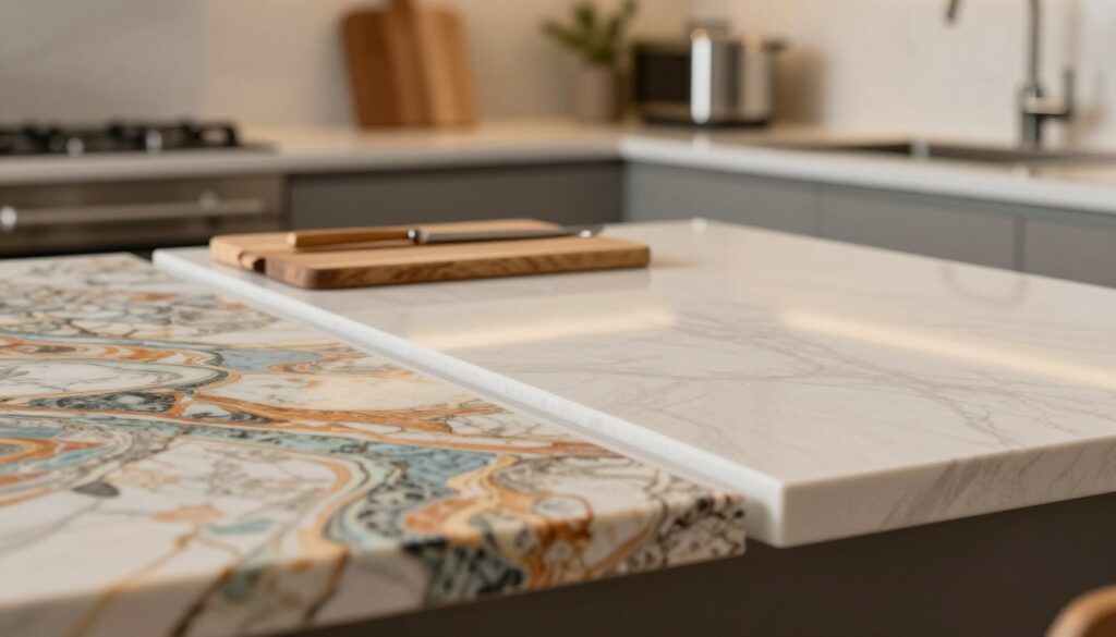An elegant kitchen countertop comparison featuring a laminate surface on one side and a composite surface on the other. The foreground displays a close-up view of both textures: the laminate side showcasing vibrant colors and patterns, while the composite side exhibits a subtle, polished finish with natural stone-like patterns. In the middle ground, a small cutting board and kitchen utensils illustrate daily use scenarios. The background reveals a modern kitchen setting with soft, warm lighting creating a welcoming atmosphere, emphasizing cleanliness and functionality. Use a shallow depth of field to focus on the countertops while softly blurring the kitchen appliances in the background, enhancing the contrast between the two materials. The overall mood should convey durability and elegance in everyday kitchen use.