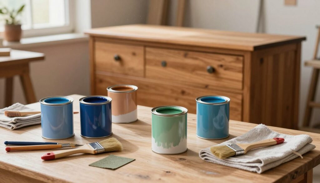 A beautifully arranged workspace featuring various wood paint colors and finishes for wooden furniture restoration. In the foreground, there are open paint cans displaying vibrant shades of blues, greens, and warm earthy tones. Brushes, sandpaper, and cloths are scattered around, highlighting the preparation for refinishing. The middle ground shows a partially restored wooden dresser with smooth surfaces and fresh paint, exuding a sense of craftsmanship. The background features a cozy workshop with soft, warm lighting filtering through a window, illuminating dust particles in the air. The atmosphere is inviting and industrious, conveying a passion for furniture restoration and the importance of selecting the right paint and finish. The focus is on the materials and tools, without any text or distractions. A beautifully arranged workspace featuring various wood paint colors and finishes for wooden furniture restoration. In the foreground, there are open paint cans displaying vibrant shades of blues, greens, and warm earthy tones. Brushes, sandpaper, and cloths are scattered around, highlighting the preparation for refinishing. The middle ground shows a partially restored wooden dresser with smooth surfaces and fresh paint, exuding a sense of craftsmanship. The background features a cozy workshop with soft, warm lighting filtering through a window, illuminating dust particles in the air. The atmosphere is inviting and industrious, conveying a passion for furniture restoration and the importance of selecting the right paint and finish. The focus is on the materials and tools, without any text or distractions.