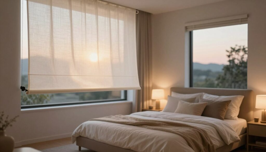 A beautifully designed bedroom featuring a modern day-night roller blind in action, showcasing precise light control. In the foreground, the elegant roller blind is half-open, with soft diffused light streaming through the sheer fabric, creating a peaceful ambiance. The middle ground captures a cozy bed adorned with plush pillows and a warm duvet, while stylish bedside tables hold ambient lamps. The background reveals a softly lit window with a serene view of a tranquil landscape, hinting at dusk. The overall atmosphere is calm and inviting, perfect for relaxation. Use natural lighting to enhance the warmth, employing a slightly shallow depth of field to focus on the roller blind while softly blurring the surrounding elements.