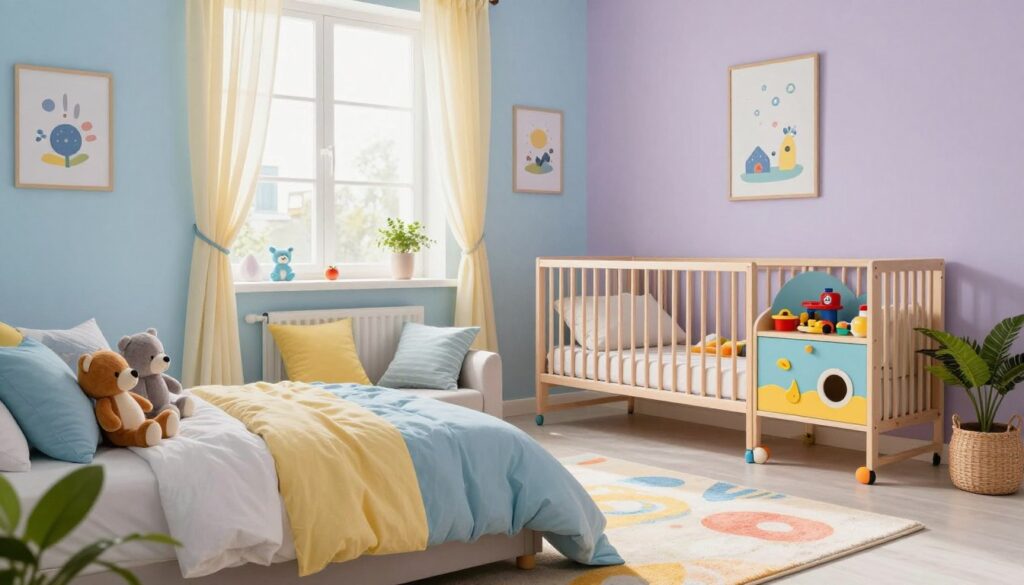 A beautifully designed child's room with a harmonious color palette, showcasing soft pastel hues of light blue, gentle yellow, and whimsical lavender on the walls. In the foreground, an inviting bed adorned with plush, colorful bedding, neatly arranged stuffed animals, and a cozy reading nook filled with cushions. The middle ground features a stylish wooden crib along with a vibrant toy chest, neatly organized and overflowing with toys. In the background, a bright window allowing natural light to stream in, highlighting the delicate sheer curtains fluttering gently. Decor elements like playful wall art, a colorful rug, and cheerful plants add warmth and intrigue, creating an atmosphere of tranquility and joy, ideal for restful sleep and creative play. Soft, diffused lighting enhances the serene ambiance, capturing the essence of a nurturing and stimulating environment for children. A beautifully designed child's room with a harmonious color palette, showcasing soft pastel hues of light blue, gentle yellow, and whimsical lavender on the walls. In the foreground, an inviting bed adorned with plush, colorful bedding, neatly arranged stuffed animals, and a cozy reading nook filled with cushions. The middle ground features a stylish wooden crib along with a vibrant toy chest, neatly organized and overflowing with toys. In the background, a bright window allowing natural light to stream in, highlighting the delicate sheer curtains fluttering gently. Decor elements like playful wall art, a colorful rug, and cheerful plants add warmth and intrigue, creating an atmosphere of tranquility and joy, ideal for restful sleep and creative play. Soft, diffused lighting enhances the serene ambiance, capturing the essence of a nurturing and stimulating environment for children.
