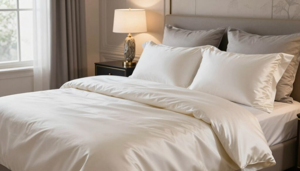 A beautifully styled bedroom featuring luxurious satin bedding in elegant, muted tones of cream and soft gray. The foreground showcases a neatly made bed, adorned with smooth satin sheets, plush pillows, and a lightweight satin duvet that gently drapes over the side. The middle of the frame captures a stylish bedside table with a decorative lamp casting a warm, inviting glow. The background reveals a tastefully decorated wall with soft, ambient art and a large window allowing natural light to filter in, enhancing the serene atmosphere. The overall mood is sophisticated and tranquil, emphasizing the cool touch and elegant appearance of satin fabric. The scene should be captured from a slightly elevated angle to provide depth and focus on the bedding's luxurious texture.