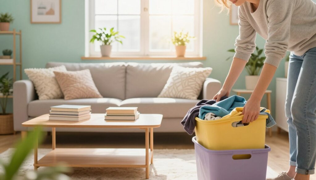 A bright and inviting room undergoing seasonal cleaning, showcasing a cozy living space with a fresh spring atmosphere. In the foreground, a person in modest casual clothing is sorting through colorful storage bins filled with clothes and decor. The middle layer features a tidy sofa with fluffy cushions, a coffee table with neatly stacked books, and a large window letting in warm sunlight. In the background, plants are flourishing on a windowsill, and walls are painted in soft pastel colors, enhancing the sense of renewal. The lighting is natural and soft, creating a cheerful mood, with a slight lens flare effect to evoke warmth and optimism as the room is prepared for the new season. A bright and inviting room undergoing seasonal cleaning, showcasing a cozy living space with a fresh spring atmosphere. In the foreground, a person in modest casual clothing is sorting through colorful storage bins filled with clothes and decor. The middle layer features a tidy sofa with fluffy cushions, a coffee table with neatly stacked books, and a large window letting in warm sunlight. In the background, plants are flourishing on a windowsill, and walls are painted in soft pastel colors, enhancing the sense of renewal. The lighting is natural and soft, creating a cheerful mood, with a slight lens flare effect to evoke warmth and optimism as the room is prepared for the new season.