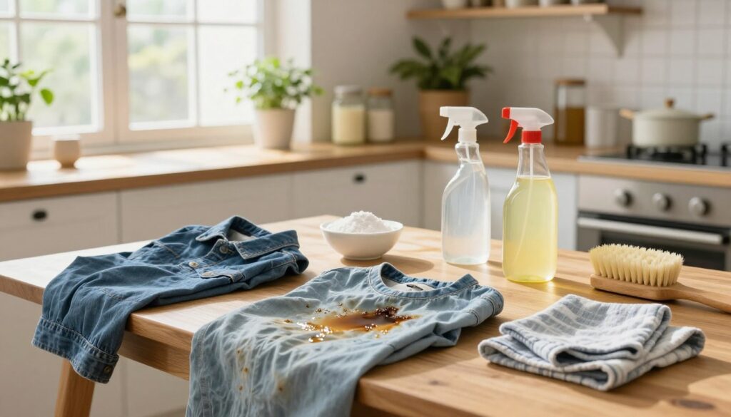 A bright and well-organized kitchen scene, featuring a wooden table in the foreground with three cotton and denim clothing items, stained with grease and laid out for cleaning. On the table, there are small bowls containing natural cleaning agents like baking soda, vinegar, and lemon juice, as well as a soft brush and a cloth. The mid-ground showcases a well-lit window, with sunlight streaming through, casting warm, inviting light across the scene. The background reveals a cozy kitchen with shelves lined with jars of natural cleaning products and fresh herbs. The overall atmosphere is calm and homey, promoting the idea of simple, effective solutions for stubborn stains in everyday clothing. A bright and well-organized kitchen scene, featuring a wooden table in the foreground with three cotton and denim clothing items, stained with grease and laid out for cleaning. On the table, there are small bowls containing natural cleaning agents like baking soda, vinegar, and lemon juice, as well as a soft brush and a cloth. The mid-ground showcases a well-lit window, with sunlight streaming through, casting warm, inviting light across the scene. The background reveals a cozy kitchen with shelves lined with jars of natural cleaning products and fresh herbs. The overall atmosphere is calm and homey, promoting the idea of simple, effective solutions for stubborn stains in everyday clothing.