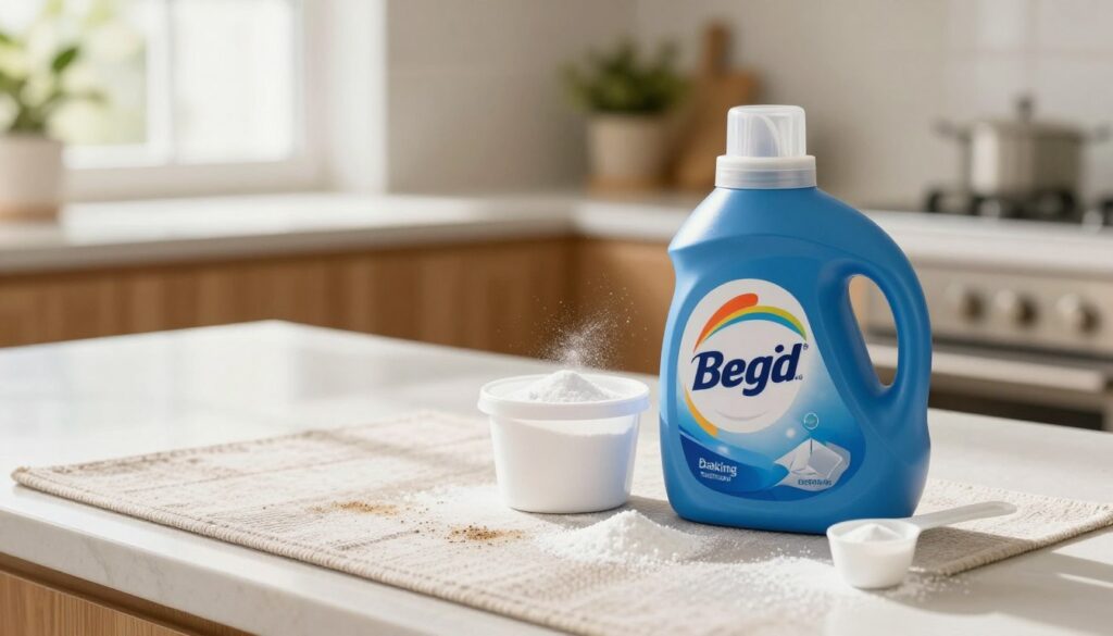 A bright, inviting kitchen countertop scene featuring a box of laundry detergent and a container of baking soda, both prominently displayed in the foreground. The laundry detergent, a vibrant blue box with colorful design elements suggesting freshness, should be slightly open to reveal powder spilling gently out. The baking soda container, a classic white tub, is placed next to the detergent, with a small measuring scoop beside it. In the middle of the image, a clean, textured area rug shows subtle dirt spots, suggesting a need for cleaning. Soft, natural light filters through a nearby window, casting warm highlights and gentle shadows, creating an atmosphere of cleanliness and home comfort. The background should feature a blurred view of kitchen elements, like wooden cabinets and plants, enhancing the homely feel.