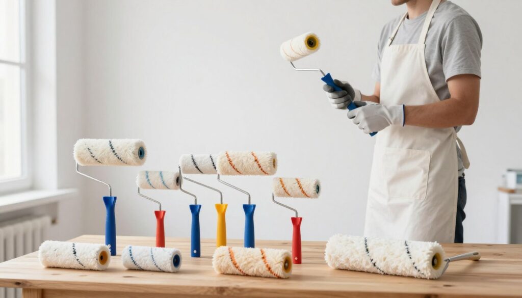 A bright, spacious room with freshly painted white walls serves as the backdrop. In the foreground, a variety of paint rollers is displayed on a clean, wooden surface: different sizes, textures, and colors of roller covers, each neatly arranged for selection. A professional-looking individual in modest casual attire, wearing gloves and a paint apron, holds a roller frame, examining the options with focused attention. Soft, natural light from a nearby window illuminates the scene, highlighting the tools while creating gentle shadows. The atmosphere conveys a sense of preparation and creativity, inviting the viewer into the process of choosing the right painting tool, ensuring a seamless painting experience. The composition is balanced and clear, emphasizing the importance of selecting the right paint roller for wall painting. A bright, spacious room with freshly painted white walls serves as the backdrop. In the foreground, a variety of paint rollers is displayed on a clean, wooden surface: different sizes, textures, and colors of roller covers, each neatly arranged for selection. A professional-looking individual in modest casual attire, wearing gloves and a paint apron, holds a roller frame, examining the options with focused attention. Soft, natural light from a nearby window illuminates the scene, highlighting the tools while creating gentle shadows. The atmosphere conveys a sense of preparation and creativity, inviting the viewer into the process of choosing the right painting tool, ensuring a seamless painting experience. The composition is balanced and clear, emphasizing the importance of selecting the right paint roller for wall painting.