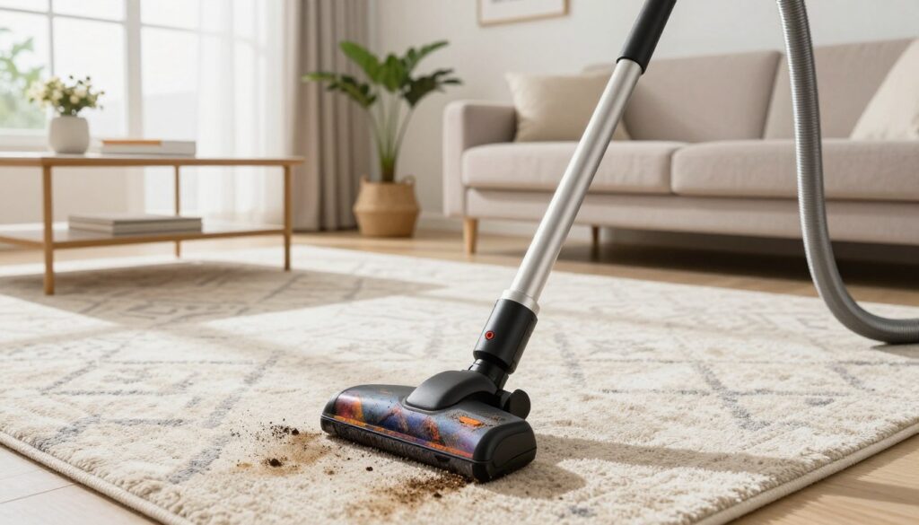 A brightly lit living room scene showcasing a professional-grade carpet cleaning vacuum in action. In the foreground, the vacuum's nozzle is actively pulling dirt and stains from a plush, patterned carpet, its suction nozzle visibly soiled with grime. The middle ground features a well-kept room with modern furniture, including a coffee table and potted plants, enhancing the homey atmosphere. Natural light streams through a large window, casting soft shadows and highlighting the carpet's texture. In the background, a cozy couch invites relaxation, adding to the inviting mood. The overall scene conveys cleanliness and efficiency in home maintenance, creating a sense of professionalism and care. A brightly lit living room scene showcasing a professional-grade carpet cleaning vacuum in action. In the foreground, the vacuum's nozzle is actively pulling dirt and stains from a plush, patterned carpet, its suction nozzle visibly soiled with grime. The middle ground features a well-kept room with modern furniture, including a coffee table and potted plants, enhancing the homey atmosphere. Natural light streams through a large window, casting soft shadows and highlighting the carpet's texture. In the background, a cozy couch invites relaxation, adding to the inviting mood. The overall scene conveys cleanliness and efficiency in home maintenance, creating a sense of professionalism and care.