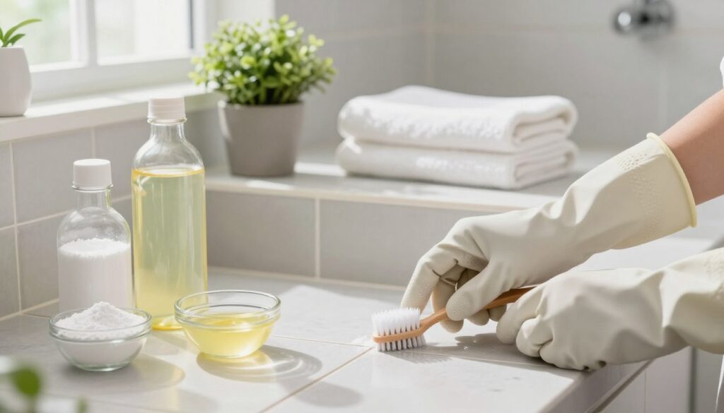 A clean, well-lit bathroom scene showcasing various homemade cleaning supplies for grout. In the foreground, there are baking soda, vinegar in a glass bottle, and a small bowl of lemon juice, all arranged neatly on a tiled countertop. The middle layer features a pair of hands wearing rubber gloves gently scrubbing the grout lines between light grey tiles with a toothbrush. In the background, a neatly organized bathroom, with a fresh, airy feel, showcases a small potted plant and neatly folded towels. Natural light streams through a window, casting soft shadows and creating a bright, inviting atmosphere. The focus is on the cleaning process, emphasizing an effective, eco-friendly approach to maintaining clean grout.