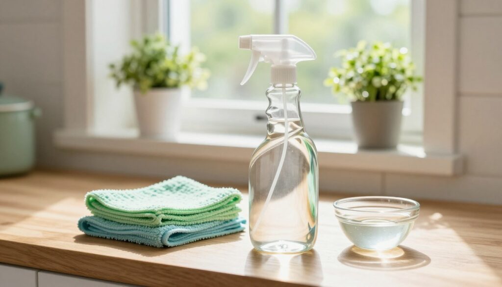 A clear glass spray bottle filled with a homemade window cleaning solution, surrounded by cleaning supplies such as microfiber cloths and a small bowl of vinegar, set on a wooden kitchen countertop. In the background, a sunny kitchen window with light streaming in, illuminating the vibrant colors of green plants on the windowsill. The lighting is bright and cheerful, creating an inviting atmosphere. A shallow depth of field focuses on the foreground items while the background remains softly blurred. The overall mood is fresh and clean, conveying a sense of cleanliness and simplicity, ideal for a DIY cleaning guide.