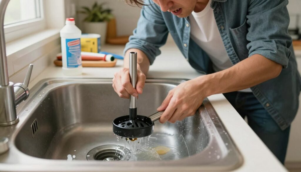 A clogged kitchen sink, prominently featured in the foreground, with a close-up of a plunger and various tools like a drain snake and chemical drain cleaner nearby. The scene shows a frustrated individual in modest casual clothing, kneeling by the sink, examining the blockage. The sink is overfilled with murky water, and there's a hint of a kitchen countertop cluttered with household items in the background. Warm, natural light streams in from a window, creating a homey atmosphere. The image captures the tension and urgency of the situation, highlighting effective plumbing tools and methods used to address a stubbornly blocked drain. The photo has a slightly dramatic angle, emphasizing the challenge of the clogged sink. A clogged kitchen sink, prominently featured in the foreground, with a close-up of a plunger and various tools like a drain snake and chemical drain cleaner nearby. The scene shows a frustrated individual in modest casual clothing, kneeling by the sink, examining the blockage. The sink is overfilled with murky water, and there's a hint of a kitchen countertop cluttered with household items in the background. Warm, natural light streams in from a window, creating a homey atmosphere. The image captures the tension and urgency of the situation, highlighting effective plumbing tools and methods used to address a stubbornly blocked drain. The photo has a slightly dramatic angle, emphasizing the challenge of the clogged sink.
