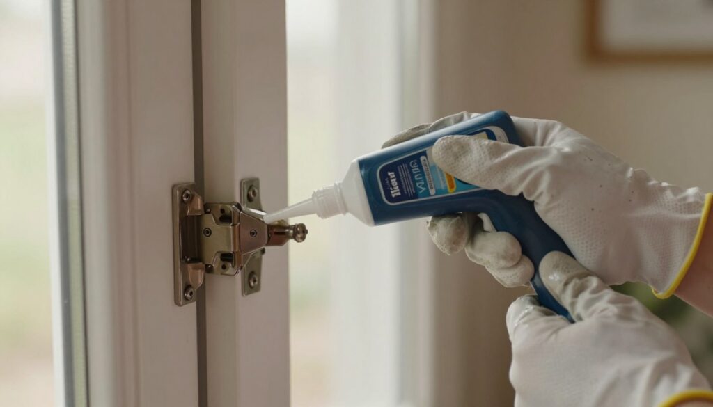A close-up scene showcasing a person carefully applying lubricant to door hinges. The foreground features a well-lit view of the glistening hinges, highlighting the details of the metal and the lubricant being applied. The middle ground captures the hands of the individual, wearing protective gloves, ensuring a precise application. The background hints at a home setting, with soft natural light filtering through a window, creating a warm, inviting atmosphere. The focus should be on the action of lubrication, conveying a sense of DIY home maintenance effort. The overall mood is calm and productive, emphasizing the importance of home upkeep. Use a slightly blurred depth of field to accentuate the task at hand. A close-up scene showcasing a person carefully applying lubricant to door hinges. The foreground features a well-lit view of the glistening hinges, highlighting the details of the metal and the lubricant being applied. The middle ground captures the hands of the individual, wearing protective gloves, ensuring a precise application. The background hints at a home setting, with soft natural light filtering through a window, creating a warm, inviting atmosphere. The focus should be on the action of lubrication, conveying a sense of DIY home maintenance effort. The overall mood is calm and productive, emphasizing the importance of home upkeep. Use a slightly blurred depth of field to accentuate the task at hand.