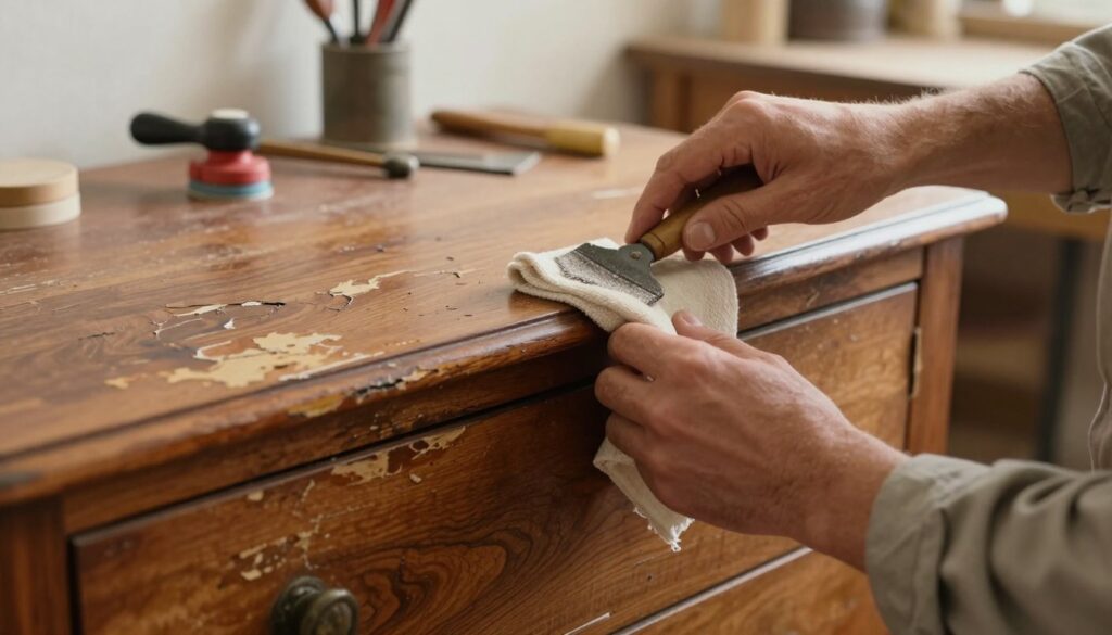 A close-up scene showing an artisan carefully removing old paint and lacquer from vintage wood furniture, specifically a wooden commode. In the foreground, focus on the artisan's hands, wearing modest casual clothing, expertly working with a paint remover tool and a cloth. The middle ground features the detailed surface of the wood, revealing layers of peeling paint, showcasing the rich grain and texture of the wood underneath. The background includes a softly lit workshop setting, with tools and sanding equipment lightly blurred, creating an atmosphere of craftsmanship and restoration. The lighting is warm and natural, highlighting the artisan's concentration and the beauty of the wood, evoking a sense of nostalgia and care. A close-up scene showing an artisan carefully removing old paint and lacquer from vintage wood furniture, specifically a wooden commode. In the foreground, focus on the artisan's hands, wearing modest casual clothing, expertly working with a paint remover tool and a cloth. The middle ground features the detailed surface of the wood, revealing layers of peeling paint, showcasing the rich grain and texture of the wood underneath. The background includes a softly lit workshop setting, with tools and sanding equipment lightly blurred, creating an atmosphere of craftsmanship and restoration. The lighting is warm and natural, highlighting the artisan's concentration and the beauty of the wood, evoking a sense of nostalgia and care.