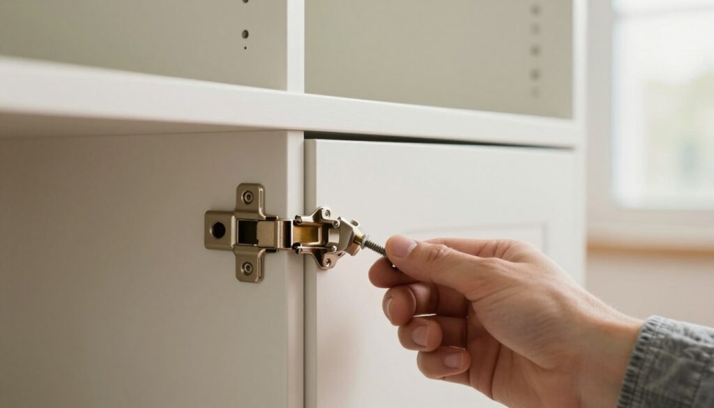 A close-up view of a cabinet hinge adjustment tool being used to regulate the depth of cabinet hinges. In the foreground, a hand in a modest casual shirt is carefully turning the adjustment screw on a shiny metal hinge, showcasing the precise movement. The middle ground features a clean, well-structured cabinet with slightly swollen doors, emphasizing the need for adjustment. In the background, soft natural light filters through a window, providing a warm and inviting atmosphere. The focus is on the tool and the hinge, with a shallow depth of field blurring the cabinet details slightly for clarity. The overall mood conveys a sense of practicality and focus on home improvement. A close-up view of a cabinet hinge adjustment tool being used to regulate the depth of cabinet hinges. In the foreground, a hand in a modest casual shirt is carefully turning the adjustment screw on a shiny metal hinge, showcasing the precise movement. The middle ground features a clean, well-structured cabinet with slightly swollen doors, emphasizing the need for adjustment. In the background, soft natural light filters through a window, providing a warm and inviting atmosphere. The focus is on the tool and the hinge, with a shallow depth of field blurring the cabinet details slightly for clarity. The overall mood conveys a sense of practicality and focus on home improvement.