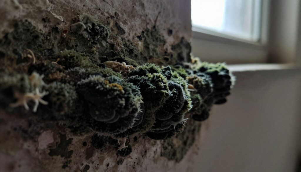 A close-up view of a deep fungal growth in a damp wall, emphasizing the texture and detail of the mold spreading through the plaster. The foreground features dark, rich colors, showcasing the uneven surface of the wall where the mold has penetrated. In the middle ground, the mold appears in various shades of green and black, with hints of white mycelium structures, highlighting its depth and organic forms. The background is softly blurred to focus attention on the fungus, illuminated by dim, natural light coming from a nearby window, creating an atmosphere of decay and neglect. The camera angle is slightly tilted, drawing the viewer's eye toward the invasive nature of the fungus, evoking a sense of urgency and concern.