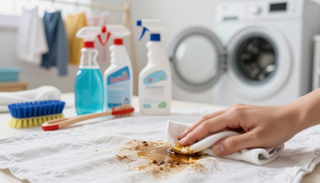 A close-up view of a fabric with visible, stubborn grease stains, showcasing common mistakes made when trying to remove them. In the foreground, a hand holding a rag appears, smeared with oil and soap, demonstrating an ineffective scrubbing technique. The middle ground features a collection of cleaning products, including a spray bottle, powdered cleaners, and a brush, scattered chaotically around the stained fabric, emphasizing a disorganized cleaning approach. In the background, a well-lit laundry room is visible, with clothes hanging to dry and a washing machine, creating a realistic setting. The lighting is bright and even, enhancing the details in the fabric and products to capture the frustrations of tackling grease stains. The overall atmosphere conveys a sense of confusion and trial and error in the cleaning process. A close-up view of a fabric with visible, stubborn grease stains, showcasing common mistakes made when trying to remove them. In the foreground, a hand holding a rag appears, smeared with oil and soap, demonstrating an ineffective scrubbing technique. The middle ground features a collection of cleaning products, including a spray bottle, powdered cleaners, and a brush, scattered chaotically around the stained fabric, emphasizing a disorganized cleaning approach. In the background, a well-lit laundry room is visible, with clothes hanging to dry and a washing machine, creating a realistic setting. The lighting is bright and even, enhancing the details in the fabric and products to capture the frustrations of tackling grease stains. The overall atmosphere conveys a sense of confusion and trial and error in the cleaning process.