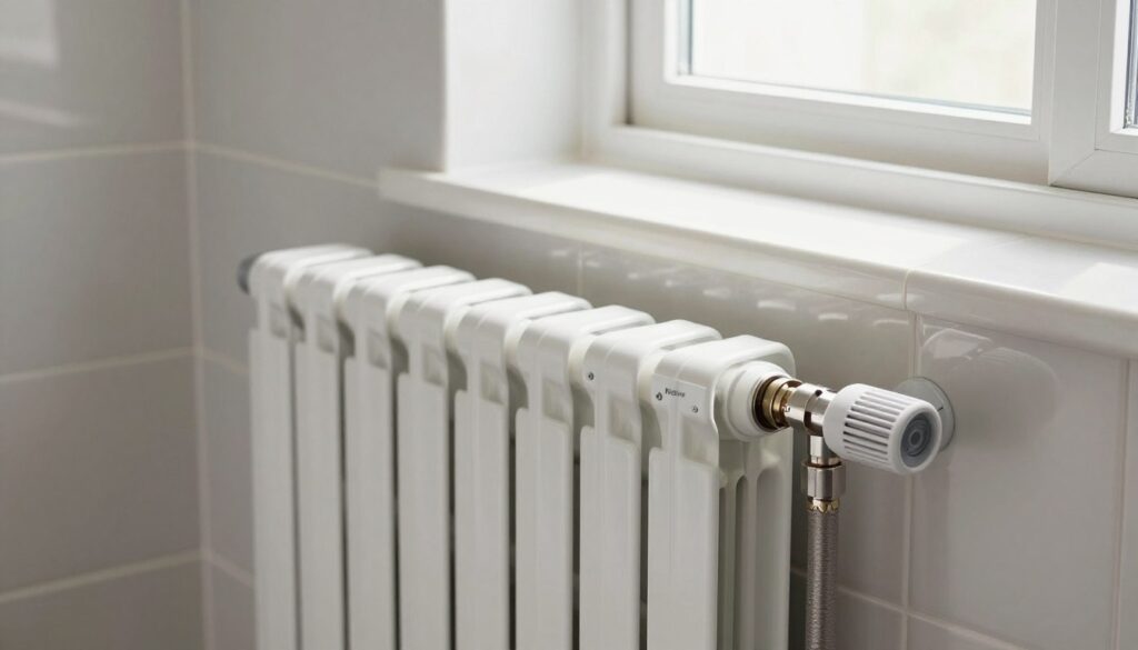 A close-up view of a modern bathroom radiator with a ladder design, emphasizing the secure connection to plumbing. In the foreground, the radiator is gleaming and well-installed, showcasing clear safety features such as insulated pipes and protective brackets. In the middle, highlighted details like temperature controls and energy efficiency ratings are subtly visible. The background features sleek bathroom tiles and soft natural lighting streaming through a frosted window, creating a serene atmosphere. The image should convey a sense of reliability and safety in home heating, with a professional ambiance, making it ideal for an article about bathroom radiator functionality. No human subjects are present in this composition.