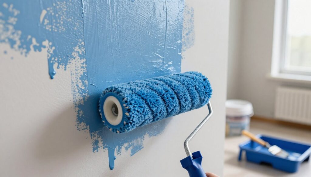 A close-up view of a partially painted wall in a home setting, showcasing common mistakes made during roller painting. In the foreground, a paint roller with uneven strokes of bright blue paint is resting against the wall, indicating excessive paint or poor technique. The middle area features smudges, drips, and patchy sections of the wall, with some roller patterns appearing clumpy and others too thin. The background reveals a well-lit room with natural sunlight filtering through a window, highlighting the imperfections of the paint job. The atmosphere conveys a sense of frustration but also learning, with tools such as paint trays and brushes neatly arranged nearby, implying the setup for a corrective approach to painting. The overall mood is informative and practical. A close-up view of a partially painted wall in a home setting, showcasing common mistakes made during roller painting. In the foreground, a paint roller with uneven strokes of bright blue paint is resting against the wall, indicating excessive paint or poor technique. The middle area features smudges, drips, and patchy sections of the wall, with some roller patterns appearing clumpy and others too thin. The background reveals a well-lit room with natural sunlight filtering through a window, highlighting the imperfections of the paint job. The atmosphere conveys a sense of frustration but also learning, with tools such as paint trays and brushes neatly arranged nearby, implying the setup for a corrective approach to painting. The overall mood is informative and practical.