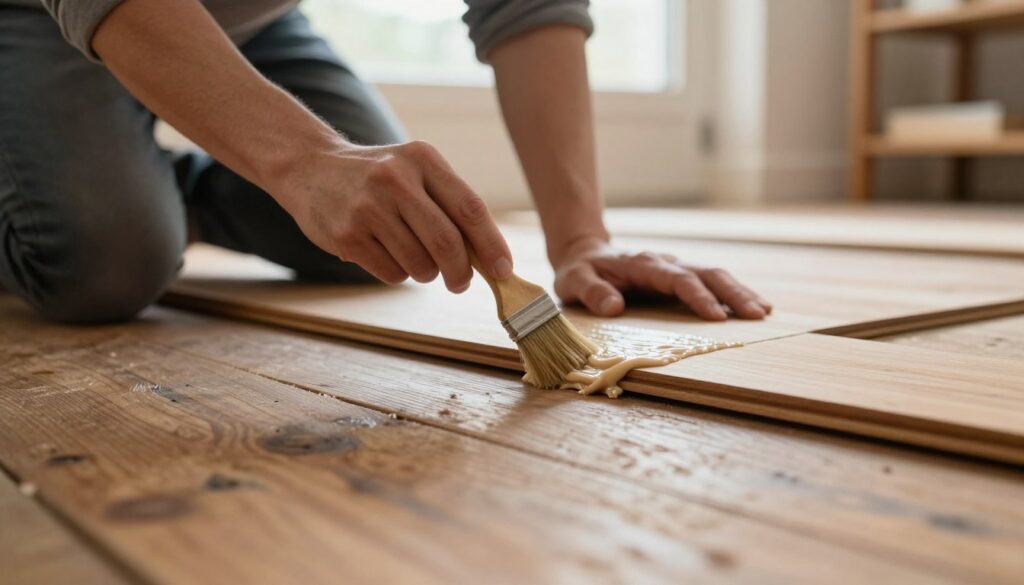 A close-up view of a person repairing a wooden floor, focusing on their hands skillfully applying wood glue to a squeaky floorboard. The foreground features the old, slightly worn wooden floor with visible wood grains and a few subtle scratches, emphasizing its texture. In the middle, the artisan is wearing modest casual clothing, using a small brush to spread the glue evenly, showcasing attention to detail. The background includes a well-lit room with warm and inviting natural light filtering through a window, illuminating the repair process. Soft shadows create a serene atmosphere, evoking a sense of warmth and home improvement. The image should highlight the intricacy of woodwork in a cozy setting, capturing the essence of DIY home repairs. A close-up view of a person repairing a wooden floor, focusing on their hands skillfully applying wood glue to a squeaky floorboard. The foreground features the old, slightly worn wooden floor with visible wood grains and a few subtle scratches, emphasizing its texture. In the middle, the artisan is wearing modest casual clothing, using a small brush to spread the glue evenly, showcasing attention to detail. The background includes a well-lit room with warm and inviting natural light filtering through a window, illuminating the repair process. Soft shadows create a serene atmosphere, evoking a sense of warmth and home improvement. The image should highlight the intricacy of woodwork in a cozy setting, capturing the essence of DIY home repairs.