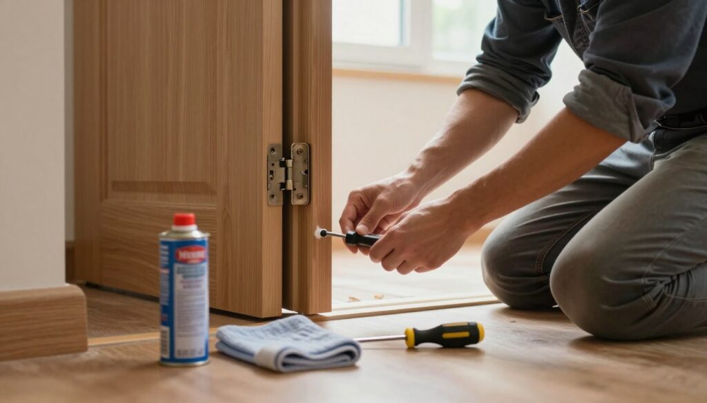 A close-up view of a professional in modest casual clothing, kneeling beside a door with its hinges exposed, preparing them for lubrication. The foreground features tools like a can of lubricant, a cloth, and a small screwdriver, neatly arranged. In the middle ground, the door is slightly ajar, revealing the worn-out hinges that are ready for maintenance. The background shows a well-lit interior of a home, enhancing the warm atmosphere of DIY home improvement. Soft, natural light filters through a nearby window, creating soft shadows to emphasize the textures of the wood and metal. The overall mood is focused and industrious, capturing the essence of home repair and preparation. A close-up view of a professional in modest casual clothing, kneeling beside a door with its hinges exposed, preparing them for lubrication. The foreground features tools like a can of lubricant, a cloth, and a small screwdriver, neatly arranged. In the middle ground, the door is slightly ajar, revealing the worn-out hinges that are ready for maintenance. The background shows a well-lit interior of a home, enhancing the warm atmosphere of DIY home improvement. Soft, natural light filters through a nearby window, creating soft shadows to emphasize the textures of the wood and metal. The overall mood is focused and industrious, capturing the essence of home repair and preparation.