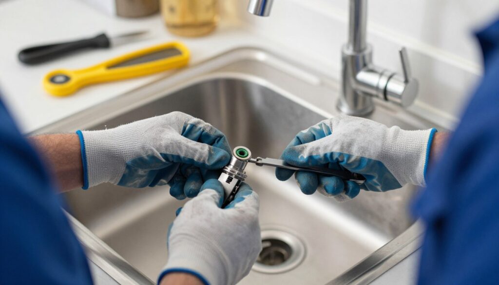 A close-up view of a professional plumber repairing a faucet with a damaged cartridge in a home kitchen. The plumber, dressed in a modest blue shirt and safety gloves, is focused on removing the old cartridge from the faucet. The foreground highlights the plumber’s hands using a wrench to unscrew the faucet head. In the middle, the faucet is partially disassembled, revealing the intricate details of the cartridge, which includes washers and seals. The background features a clean kitchen sink with shiny stainless steel and well-organized tools. Soft, natural lighting illuminates the scene, creating a practical and informative atmosphere. The angle is slightly tilted, providing a dynamic view that emphasizes the repair process without any distractions or text.