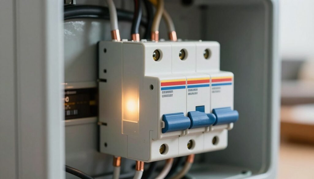 A close-up view of a residential circuit breaker box, showing a circuit breaker partially tripped, indicating it is in the process of shutting off. The breaker is designed with clear labels and illustrative color coding. In the foreground, emphasize the intricate details of the electrical wiring, with close attention to the copper connections and plastic casing. The middle ground features a soft, warm glow illuminating the breaker, creating a technical yet inviting atmosphere. In the background, slightly blurred, there are hints of a cozy living room setting, conveying safety and home comfort. The lighting is bright, resembling daylight, captured with a subtle angle that enhances the breaker’s features, instilling a feeling of curiosity and caution. A close-up view of a residential circuit breaker box, showing a circuit breaker partially tripped, indicating it is in the process of shutting off. The breaker is designed with clear labels and illustrative color coding. In the foreground, emphasize the intricate details of the electrical wiring, with close attention to the copper connections and plastic casing. The middle ground features a soft, warm glow illuminating the breaker, creating a technical yet inviting atmosphere. In the background, slightly blurred, there are hints of a cozy living room setting, conveying safety and home comfort. The lighting is bright, resembling daylight, captured with a subtle angle that enhances the breaker’s features, instilling a feeling of curiosity and caution.