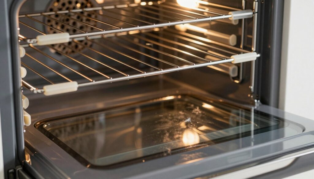 A close-up view of a sparkling clean oven door with reflections showcasing the clear glass, surrounded by freshly cleaned oven racks and seals. In the foreground, a gentle glow from overhead soft lighting highlights the pristine surfaces, emphasizing the meticulous cleaning process. The middle ground features stainless steel oven racks, neatly arranged, and distinct silicone seals showcasing their condition. The background subtly suggests a tidy kitchen environment with warm, inviting colors, creating a serene and bright atmosphere. The image conveys a sense of cleanliness and freshness, with no people present, capturing the essence of effective and effortless cleaning techniques for an oven. A close-up view of a sparkling clean oven door with reflections showcasing the clear glass, surrounded by freshly cleaned oven racks and seals. In the foreground, a gentle glow from overhead soft lighting highlights the pristine surfaces, emphasizing the meticulous cleaning process. The middle ground features stainless steel oven racks, neatly arranged, and distinct silicone seals showcasing their condition. The background subtly suggests a tidy kitchen environment with warm, inviting colors, creating a serene and bright atmosphere. The image conveys a sense of cleanliness and freshness, with no people present, capturing the essence of effective and effortless cleaning techniques for an oven.