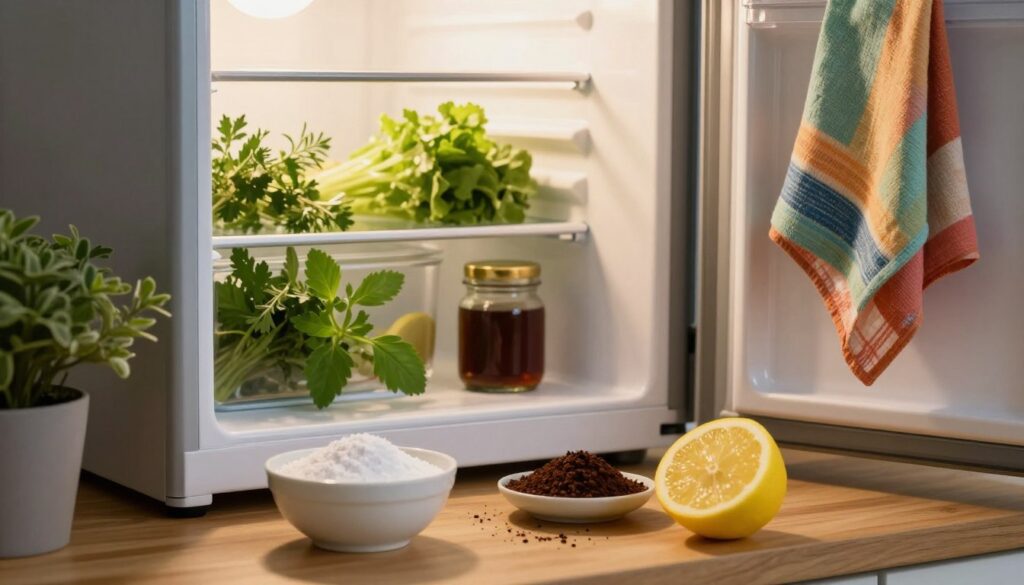 A cozy kitchen scene focusing on a refrigerator with a slightly open door, revealing various natural items used to eliminate unpleasant odors. In the foreground, display a bowl of baking soda, a few coffee grounds in a small dish, and a sliced lemon, arranged artfully on a wooden countertop. In the middle, the refrigerator door frames an inviting light that suggests freshness, with fresh herbs peeking out next to a small jar of vanilla extract. The background features soft, warm kitchen lighting and hints of homey decor like potted plants and colorful dish towels. The overall mood is serene and refreshing, emphasizing natural solutions for a clean and pleasant kitchen atmosphere. A cozy kitchen scene focusing on a refrigerator with a slightly open door, revealing various natural items used to eliminate unpleasant odors. In the foreground, display a bowl of baking soda, a few coffee grounds in a small dish, and a sliced lemon, arranged artfully on a wooden countertop. In the middle, the refrigerator door frames an inviting light that suggests freshness, with fresh herbs peeking out next to a small jar of vanilla extract. The background features soft, warm kitchen lighting and hints of homey decor like potted plants and colorful dish towels. The overall mood is serene and refreshing, emphasizing natural solutions for a clean and pleasant kitchen atmosphere.