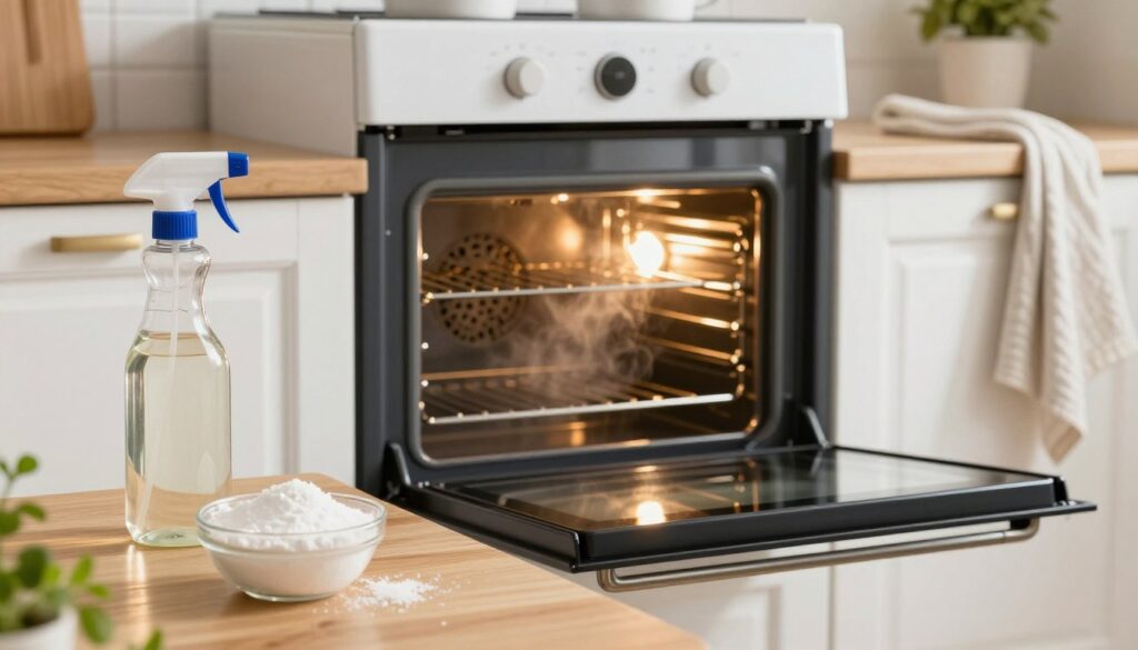 A cozy kitchen setting with a focus on a clean, bright oven interior, showcasing natural cleaning methods. In the foreground, a wooden countertop holds a bowl of baking soda and a spray bottle filled with vinegar, representing eco-friendly cleaning solutions. In the middle, the oven door is slightly ajar, revealing a sparkling, well-maintained oven cavity with some gentle steam visible, suggesting freshness. The background features warm, soft ambient lighting, creating a welcoming atmosphere with hints of fresh herbs and clean dish towels draped nearby. The overall mood is upbeat and inviting, emphasizing easy and effective home cleaning techniques without scrubbing. A cozy kitchen setting with a focus on a clean, bright oven interior, showcasing natural cleaning methods. In the foreground, a wooden countertop holds a bowl of baking soda and a spray bottle filled with vinegar, representing eco-friendly cleaning solutions. In the middle, the oven door is slightly ajar, revealing a sparkling, well-maintained oven cavity with some gentle steam visible, suggesting freshness. The background features warm, soft ambient lighting, creating a welcoming atmosphere with hints of fresh herbs and clean dish towels draped nearby. The overall mood is upbeat and inviting, emphasizing easy and effective home cleaning techniques without scrubbing.