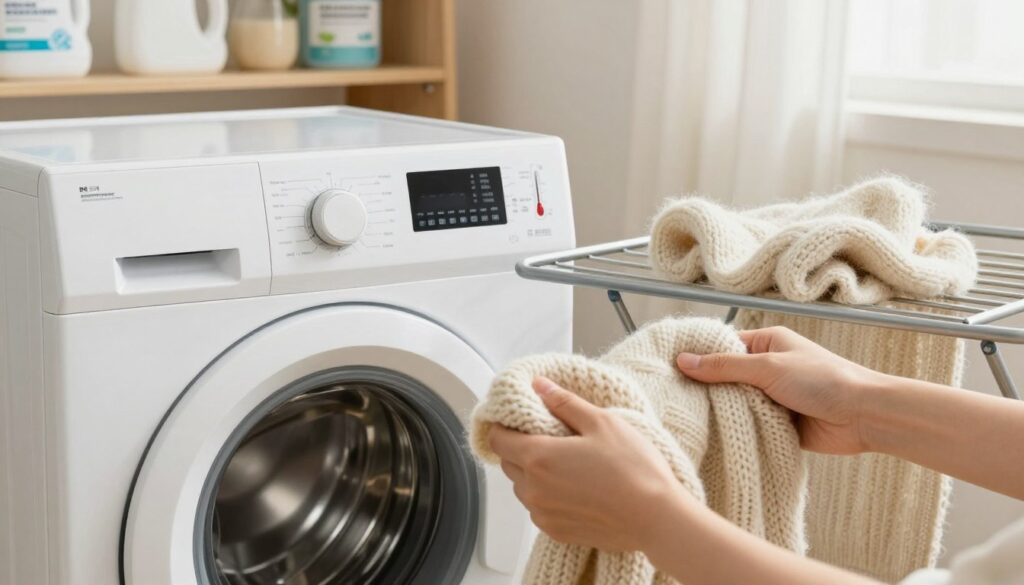 A cozy laundry room setting with soft, warm lighting, showcasing a washing machine and a wool garment on a nearby drying rack. In the foreground, a close-up of a pair of hands handling a wool sweater with care, demonstrating common mistakes such as twisting and wringing. In the middle, the washing machine displays an incorrect temperature setting, with a thermometer graphic indicating high heat. The drying rack is cluttered with slightly felted and misshapen wool items, reflecting the results of poor washing practices. The background includes shelves lined with laundry supplies and care label instructions on a wall, all contributing to an informative and slightly cautionary atmosphere about washing and drying wool effectively. A cozy laundry room setting with soft, warm lighting, showcasing a washing machine and a wool garment on a nearby drying rack. In the foreground, a close-up of a pair of hands handling a wool sweater with care, demonstrating common mistakes such as twisting and wringing. In the middle, the washing machine displays an incorrect temperature setting, with a thermometer graphic indicating high heat. The drying rack is cluttered with slightly felted and misshapen wool items, reflecting the results of poor washing practices. The background includes shelves lined with laundry supplies and care label instructions on a wall, all contributing to an informative and slightly cautionary atmosphere about washing and drying wool effectively.