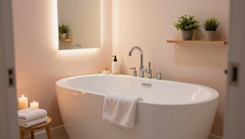 A cozy, small bathroom featuring a stylish, modern bathtub as the focal point. The bathtub is positioned against a soft pastel-colored wall, illuminated by warm ambient lighting that creates a relaxing atmosphere. In the foreground, there are neatly arranged bath accessories like a plush towel and aromatic candles. The middle ground shows a sleek mirror reflecting soft light, enhancing the perception of space. The background includes a wooden shelf with potted plants, adding a touch of greenery. The view is captured from a slight angle, simulating a wide lens perspective, making the space feel inviting yet practical. The overall mood is serene and calming, highlighting the beauty of having a bathtub in a compact bathroom setting. A cozy, small bathroom featuring a stylish, modern bathtub as the focal point. The bathtub is positioned against a soft pastel-colored wall, illuminated by warm ambient lighting that creates a relaxing atmosphere. In the foreground, there are neatly arranged bath accessories like a plush towel and aromatic candles. The middle ground shows a sleek mirror reflecting soft light, enhancing the perception of space. The background includes a wooden shelf with potted plants, adding a touch of greenery. The view is captured from a slight angle, simulating a wide lens perspective, making the space feel inviting yet practical. The overall mood is serene and calming, highlighting the beauty of having a bathtub in a compact bathroom setting.