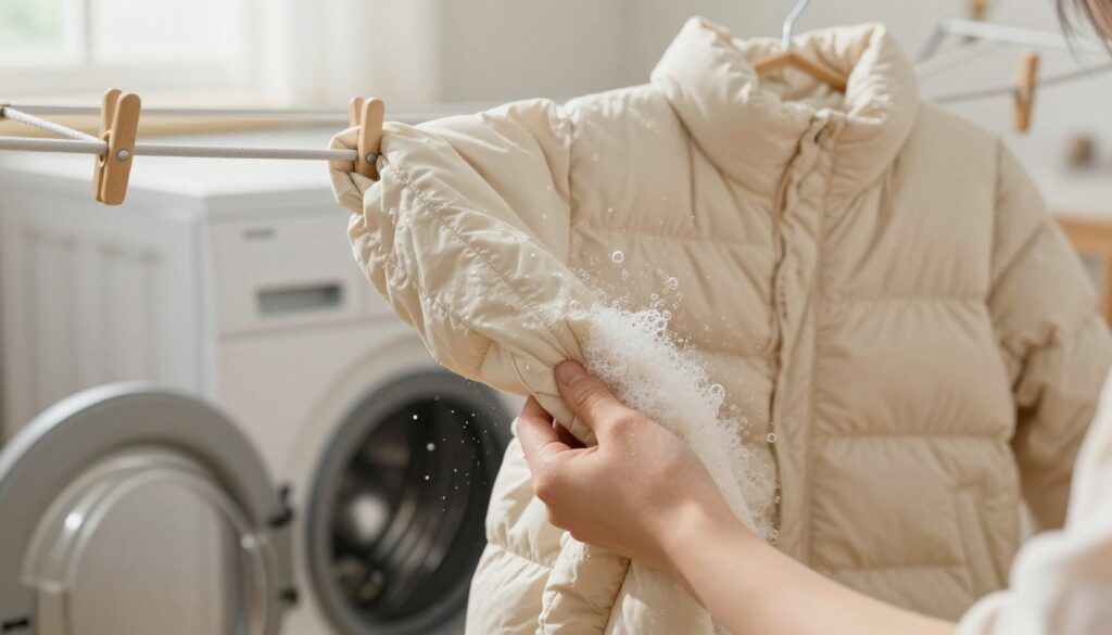A cozy, softly lit laundry room setting, featuring a freshly washed and slightly damp puffy jacket hanging on a clothesline. The foreground shows close-ups of a hand gently fluffing the fabric of the jacket, emphasizing its soft texture and resilience. In the middle ground, a modern washing machine is partially visible, with bubbles rising around the jacket, suggesting care during washing. The background includes soft, natural light filtering through a window, creating a warm and inviting atmosphere. The overall mood is comforting and homely, capturing the essence of restoring the jacket's elasticity after washing, with a focus on careful handling and fabric preservation. A cozy, softly lit laundry room setting, featuring a freshly washed and slightly damp puffy jacket hanging on a clothesline. The foreground shows close-ups of a hand gently fluffing the fabric of the jacket, emphasizing its soft texture and resilience. In the middle ground, a modern washing machine is partially visible, with bubbles rising around the jacket, suggesting care during washing. The background includes soft, natural light filtering through a window, creating a warm and inviting atmosphere. The overall mood is comforting and homely, capturing the essence of restoring the jacket's elasticity after washing, with a focus on careful handling and fabric preservation.