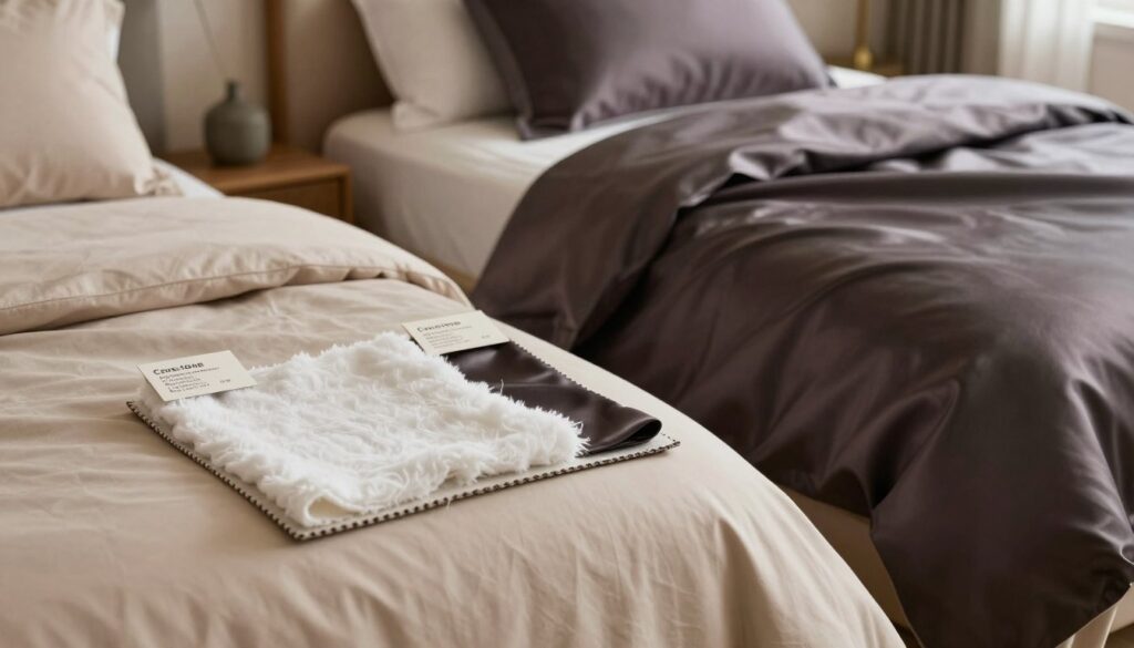 A detailed comparison of cotton and satin fabrics, showcasing their comfort and price. In the foreground, feature two luxurious beds: one with soft, inviting cotton sheets in a warm, neutral tone, and the other adorned with smooth, glossy satin sheets in a rich, deep color. In the middle, place elegant fabric samples of cotton and satin, neatly arranged with tags indicating care instructions and price points. The background should be softly blurred, hinting at a cozy bedroom setting with warm ambient lighting, creating a sense of tranquility. Use a shallow depth of field to highlight the textures of the fabrics. The atmosphere should feel informative yet inviting, enticing the viewer to appreciate the difference between the two fabric types.