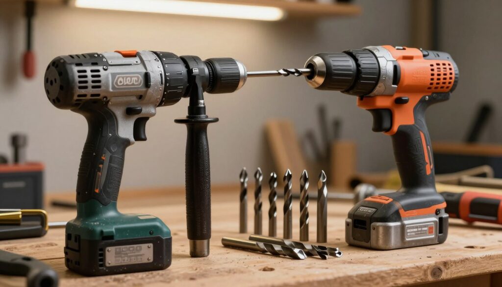 A detailed composition showcasing a hammer drill and rotary hammer drill arranged side by side on a wooden workbench. The foreground features the tools prominently, highlighting their robust, metallic designs with realistic textures. The hammer drill is equipped with a drill bit, displaying its practicality for wall drilling. In the middle ground, an assortment of drill bits for various surfaces is strewn artistically, emphasizing the choices available for different materials. The background hints at a well-organized workshop with tools hanging on the wall and subtle warm lighting illuminating the scene from above, creating a focused and professional atmosphere. The mood is industrious, conveying a sense of readiness for tackling wall drilling projects.