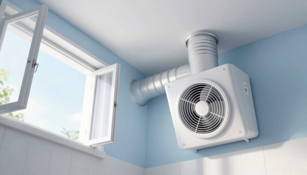 A detailed illustration of a bathroom showcasing two contrasting ventilation systems: on the left, a gravity ventilation system with open windows allowing natural airflow, featuring light streaming in from the outside, creating a fresh and airy atmosphere; on the right, a mechanical ventilation system with sleek ducts and an integrated fan, portrayed with smooth, modern lines. The middle ground should blend these elements, highlighting the differences between natural and mechanical ventilation. The overall color palette should be soft and calming, utilizing cool tones like light blue and white, while the lighting is bright and even, emphasizing cleanliness and functionality. Capture the image from a slightly elevated angle to provide a comprehensive view without clutter. A detailed illustration of a bathroom showcasing two contrasting ventilation systems: on the left, a gravity ventilation system with open windows allowing natural airflow, featuring light streaming in from the outside, creating a fresh and airy atmosphere; on the right, a mechanical ventilation system with sleek ducts and an integrated fan, portrayed with smooth, modern lines. The middle ground should blend these elements, highlighting the differences between natural and mechanical ventilation. The overall color palette should be soft and calming, utilizing cool tones like light blue and white, while the lighting is bright and even, emphasizing cleanliness and functionality. Capture the image from a slightly elevated angle to provide a comprehensive view without clutter.