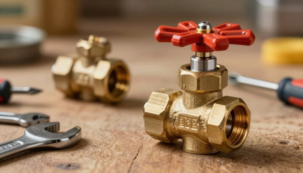 A detailed illustration of a traditional valve head designed for a faucet, prominently displayed in the foreground. The valve head should be depicted with its intricate components, such as the packing nut, seat, and gasket, showcasing their textures and materials, emphasizing brass or metal finishes. In the middle ground, a partially disassembled faucet reveals the valve's inner workings, while tools like a wrench and a screwdriver are visible, hinting at a DIY repair context. The background is softly blurred to keep focus on the valve head, with warm ambient lighting that evokes a cozy, home workshop atmosphere. The scene should have a realistic and meticulous style, making it ideal for instructional purposes.