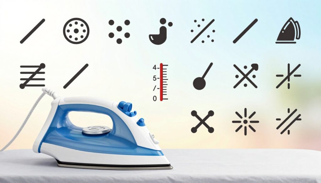 A detailed illustration of ironing symbols and iron temperature settings prominently displayed in a clean, educational layout. In the foreground, a stylized iron with a sleek, modern design rests on a fabric backdrop, showcasing various ironing symbols, such as dots and lines, surrounding it. In the middle, a temperature gauge is highlighted, indicating low, medium, and high settings with appropriate symbols. The background fades into a soft gradient of light colors, suggesting a calm, organized atmosphere. The lighting is bright and even, emphasizing the clarity of the symbols and the details on the iron. The overall mood is informative and professional, ideal for a tutorial or educational piece without any text overlays or distractions. A detailed illustration of ironing symbols and iron temperature settings prominently displayed in a clean, educational layout. In the foreground, a stylized iron with a sleek, modern design rests on a fabric backdrop, showcasing various ironing symbols, such as dots and lines, surrounding it. In the middle, a temperature gauge is highlighted, indicating low, medium, and high settings with appropriate symbols. The background fades into a soft gradient of light colors, suggesting a calm, organized atmosphere. The lighting is bright and even, emphasizing the clarity of the symbols and the details on the iron. The overall mood is informative and professional, ideal for a tutorial or educational piece without any text overlays or distractions.