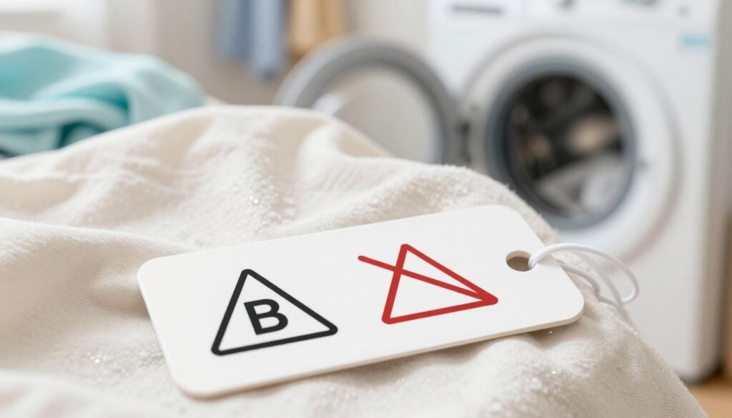 A detailed illustration of laundry care symbols focusing on bleach instructions, arranged on a laundry tag. In the foreground, display clear symbols depicting bleach usage: a triangle with a 'B' in the center and a crossed-out triangle indicating no bleach. In the middle, incorporate a cotton fabric background, slightly crumpled, to evoke the texture of clothing, with subtle reflections of light creating a soft sheen. The background should feature a blurred washing machine and soft laundry in pastel colors, enhancing the homey, domestic atmosphere. Use soft, natural lighting to create a warm and inviting scene, shot from a slightly angled top-down perspective to emphasize the tags. Aim for a calm, informative mood suitable for an instructional article. A detailed illustration of laundry care symbols focusing on bleach instructions, arranged on a laundry tag. In the foreground, display clear symbols depicting bleach usage: a triangle with a 'B' in the center and a crossed-out triangle indicating no bleach. In the middle, incorporate a cotton fabric background, slightly crumpled, to evoke the texture of clothing, with subtle reflections of light creating a soft sheen. The background should feature a blurred washing machine and soft laundry in pastel colors, enhancing the homey, domestic atmosphere. Use soft, natural lighting to create a warm and inviting scene, shot from a slightly angled top-down perspective to emphasize the tags. Aim for a calm, informative mood suitable for an instructional article.