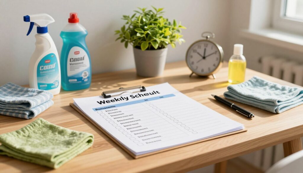 A detailed weekly cleaning schedule displayed on a stylish wooden table, surrounded by various cleaning supplies like detergents, cloths, and a planner. The foreground features a neatly organized checklist with sections for different rooms: kitchen, living room, bedrooms, and bathrooms, each item marked with checkboxes. In the middle, a vibrant indoor plant adds a touch of life, while a small clock in the background displays morning light casting soft shadows. The overall atmosphere is bright and inviting, with warm sunlight flooding the room, suggesting a fresh start to the day. The scene is captured with a soft focus lens, ensuring clarity on the cleaning schedule, while maintaining a cozy, homey ambiance. A detailed weekly cleaning schedule displayed on a stylish wooden table, surrounded by various cleaning supplies like detergents, cloths, and a planner. The foreground features a neatly organized checklist with sections for different rooms: kitchen, living room, bedrooms, and bathrooms, each item marked with checkboxes. In the middle, a vibrant indoor plant adds a touch of life, while a small clock in the background displays morning light casting soft shadows. The overall atmosphere is bright and inviting, with warm sunlight flooding the room, suggesting a fresh start to the day. The scene is captured with a soft focus lens, ensuring clarity on the cleaning schedule, while maintaining a cozy, homey ambiance.
