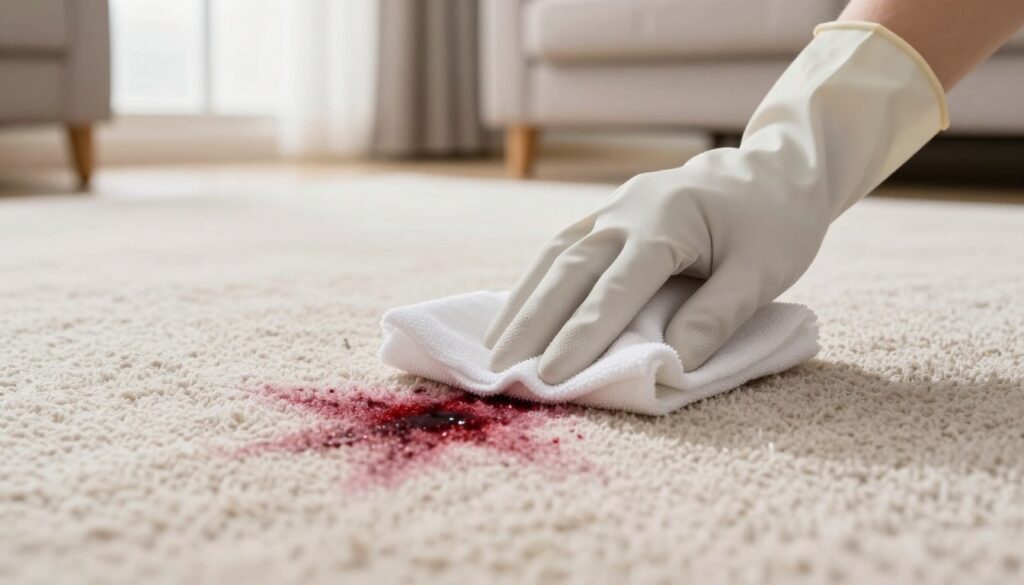 A focused scene depicting a carpet cleaning process, showcasing a close-up of a hand gently blotting a fresh stain with a clean, white cloth. In the foreground, the hand is wearing a modest rubber glove, demonstrating careful technique. The middle ground features the textured fibers of the plush carpet, with a vivid stain (such as red wine or ink) clearly visible. In the background, a well-lit, tidy living room environment with soft, natural light filtering through a window to enhance the warm and inviting atmosphere. The overall mood is one of diligence and care, emphasizing a safe and effective approach to cleaning carpets. The composition should be captured at eye level, with a slight focus on the stained area for detail. A focused scene depicting a carpet cleaning process, showcasing a close-up of a hand gently blotting a fresh stain with a clean, white cloth. In the foreground, the hand is wearing a modest rubber glove, demonstrating careful technique. The middle ground features the textured fibers of the plush carpet, with a vivid stain (such as red wine or ink) clearly visible. In the background, a well-lit, tidy living room environment with soft, natural light filtering through a window to enhance the warm and inviting atmosphere. The overall mood is one of diligence and care, emphasizing a safe and effective approach to cleaning carpets. The composition should be captured at eye level, with a slight focus on the stained area for detail.