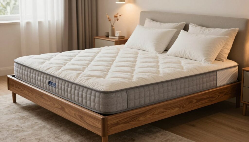 A luxurious bed with a built-in storage container, showcasing a comfortably arranged mattress atop. The mattress features a plush, tufted design with soft, inviting cushions. The foreground emphasizes rich textures, highlighting the fabric of the mattress. In the middle, there’s an elegant wooden bed frame that complements modern interior decor. The background reveals a well-lit cozy bedroom setting adorned with warm ambient lighting, soft neutral colors on the walls, and minimalistic decor items like a bedside table and soft throw pillows. The atmosphere feels welcoming and restful, perfect for promoting sleep comfort and mattress selection. The angle captures the entire bed, giving a clear view of both the mattress and the storage beneath. A luxurious bed with a built-in storage container, showcasing a comfortably arranged mattress atop. The mattress features a plush, tufted design with soft, inviting cushions. The foreground emphasizes rich textures, highlighting the fabric of the mattress. In the middle, there’s an elegant wooden bed frame that complements modern interior decor. The background reveals a well-lit cozy bedroom setting adorned with warm ambient lighting, soft neutral colors on the walls, and minimalistic decor items like a bedside table and soft throw pillows. The atmosphere feels welcoming and restful, perfect for promoting sleep comfort and mattress selection. The angle captures the entire bed, giving a clear view of both the mattress and the storage beneath.
