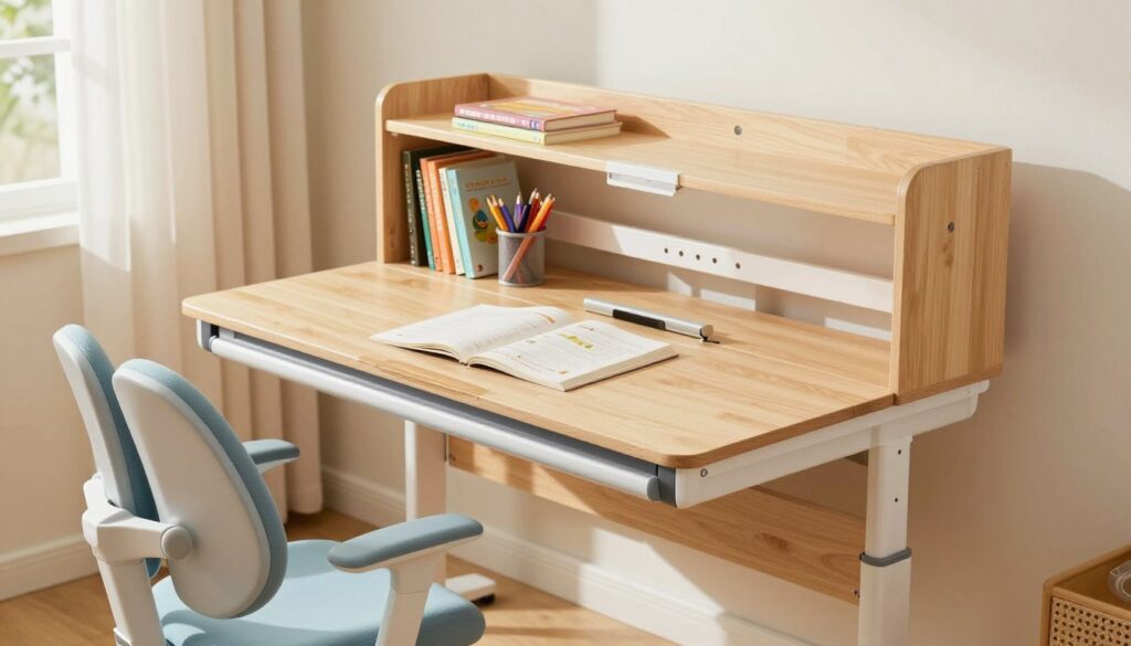 A modern adjustable-height desk designed for a growing child, featuring a sleek, minimalist design. The desk is made of light wood with metal accents, set against a bright, inviting room. In the foreground, a child-friendly chair accompanies the desk, showcasing its ergonomic features. The middle layer includes educational materials like books and stationery neatly organized on the desk. The background reveals a sunny window with soft curtains, casting gentle, natural light across the scene, enhancing the atmosphere of productivity and creativity. The angle is slightly elevated to capture the entire setup, with a focus on the desk's height adjustment mechanism being demonstrated. The mood is cheerful and inspiring, perfect for a study environment.