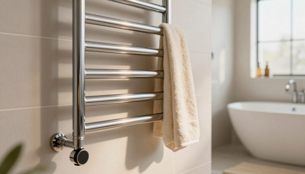 A modern bathroom featuring a sleek, stylish towel radiator, showcasing key parameters like size, power rating, and energy efficiency. In the foreground, the radiator is elegantly mounted on a soft-colored tiled wall, with a polished chrome finish reflecting warm light. Detailed close-ups highlight the radiator's design, including visible thermoregulation controls. In the middle ground, a plush towel hangs neatly, complementing the decor. The background is softly blurred, revealing a well-lit bathroom space with neutral tones and minimalistic accessories. The atmosphere is inviting and cozy, with natural light streaming through a frosted window, emphasizing warmth and comfort. Capture the scene with a slight angle to showcase depth and texture while ensuring clarity and vibrancy throughout.